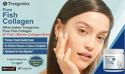 Advertisement for Trexegenics Pure Fish Collagen with a woman touching her face and product packaging.