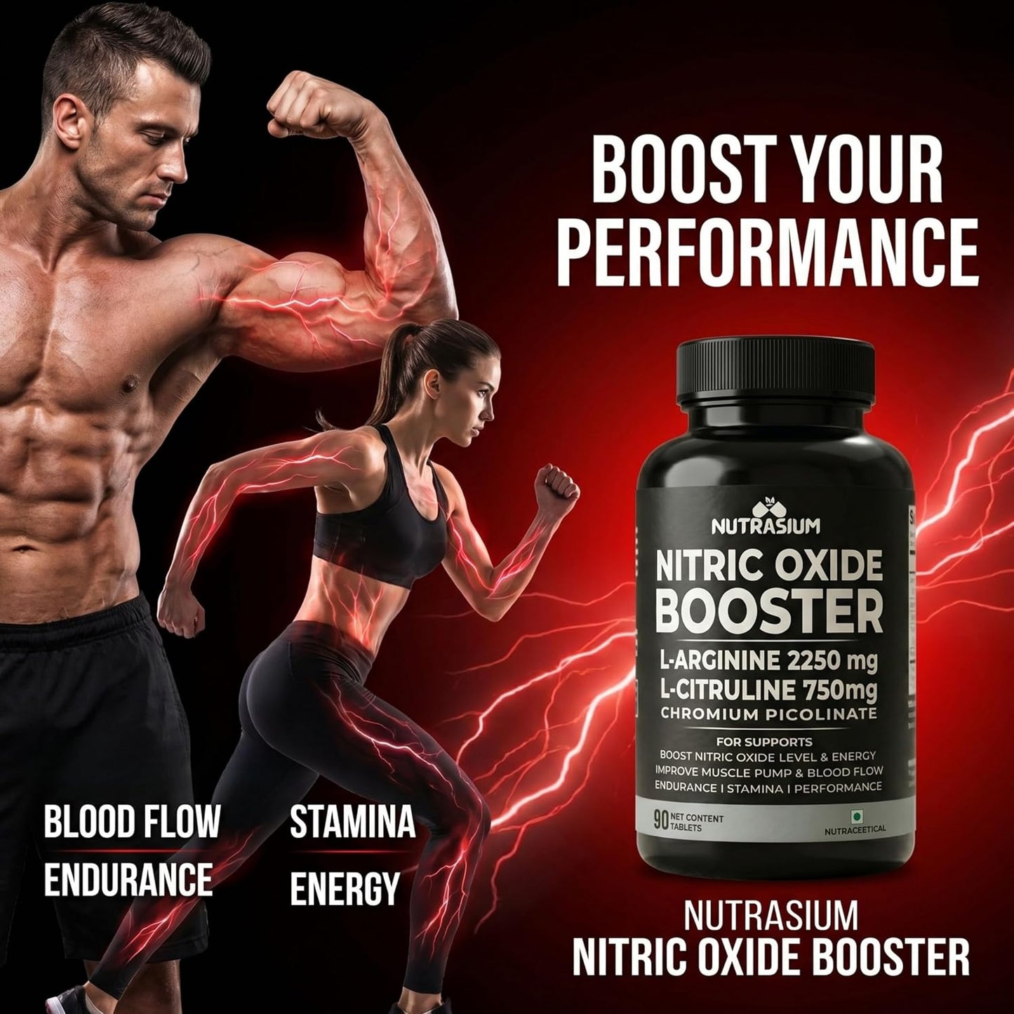 Nutrasium Nitric Oxide Supplement For Man | 2250 mg L-Arginine, 750 mg L-Citrulline with Chromium Picolinate For Supports Nitric Oxide Level, Improve Muscle Pump & Blood Flow, Boost Endurance, Stamina & Performance | 45 veg Tablets.