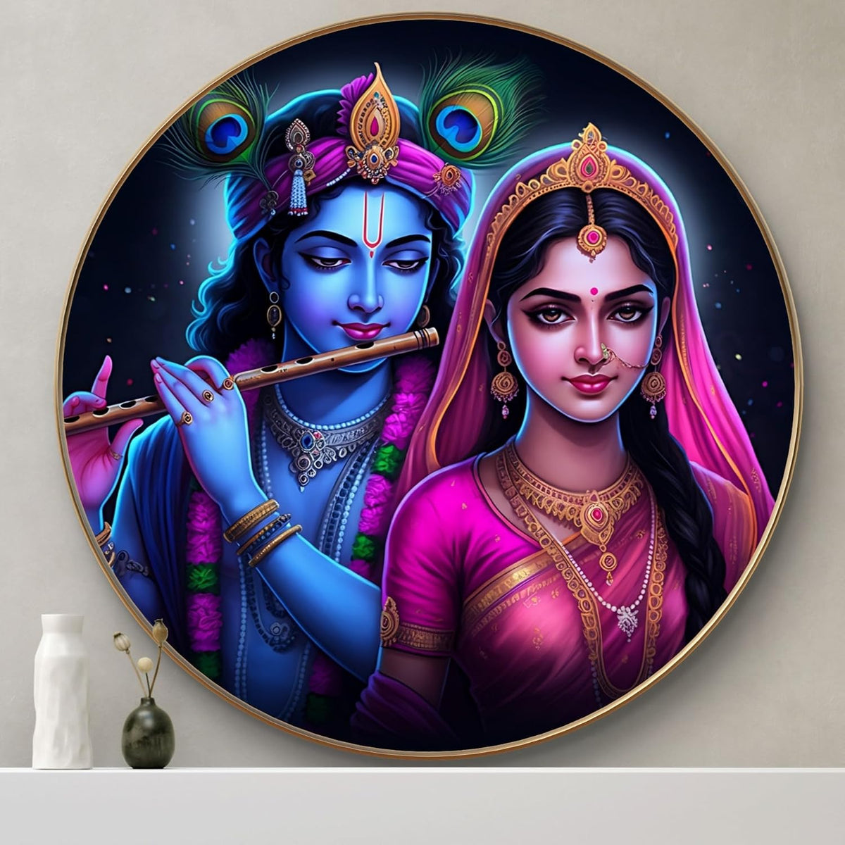 Radha Krishna Round Art Print with Golden Frame | Divine Flute HD Art Print for Pooja Room Living Room Temple Décor 16 Inch x 16 Inch