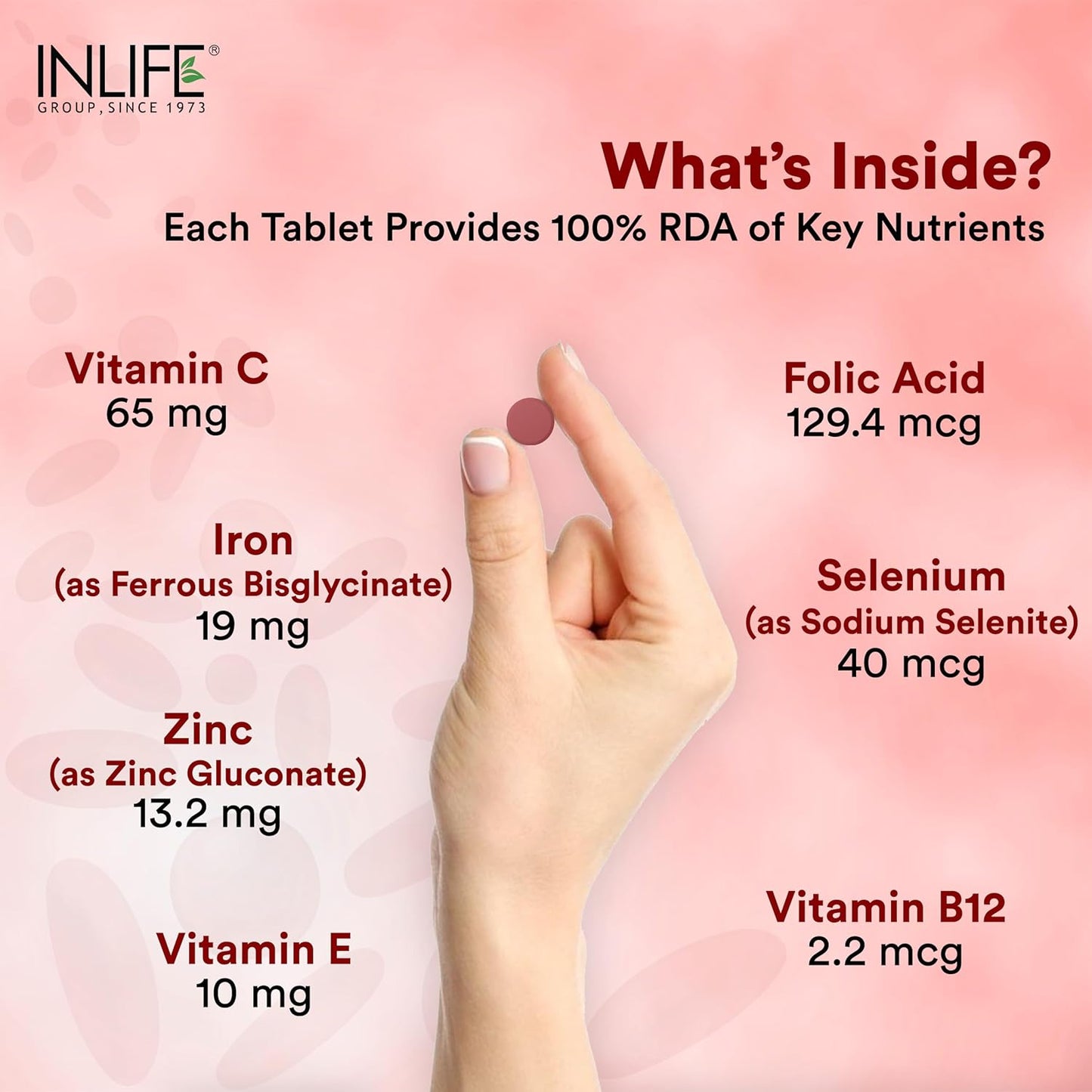 INLIFE Chelated Iron Folic Acid Supplement with Vitamin C, E, B12, Zinc & Selenium for Men Women - 60 Vegetarian Tablets (Pack of 1)