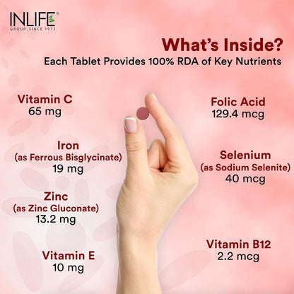 INLIFE Chelated Iron Folic Acid Supplement with Vitamin C, E, B12, Zinc & Selenium for Men Women - 60 Vegetarian Tablets (Pack of 1)