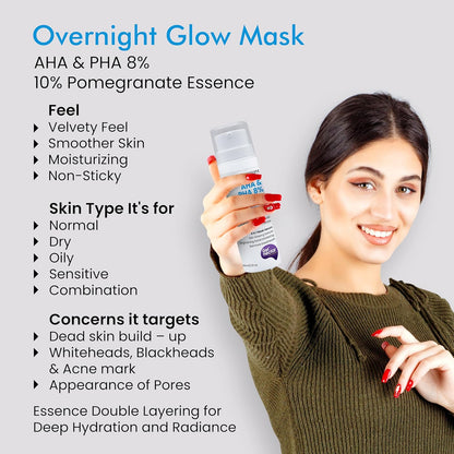 Woman holding a skincare product with text about an Overnight Glow Mask featuring AHA & PHA 8% and 10% Pomegranate Essence.