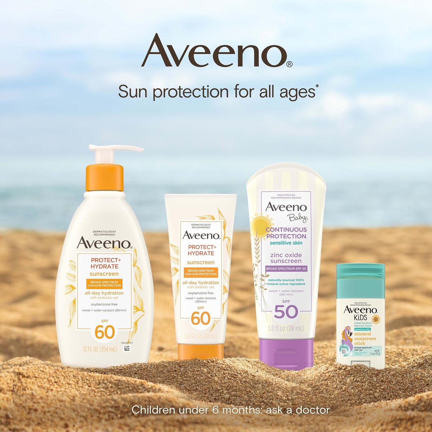 Aveeno Kids Continuous Protection Zinc Oxide Mineral Sunscreen Lotion for Children's Sensitive Skin with Broad Spectrum SPF 50, Tear-Free, Sweat- & Water-Resistant, Non-Greasy, 3 fl. oz