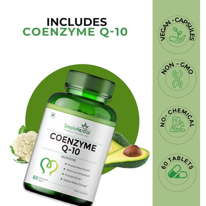 Simply Herbal CoQ10 Natural Coenzyme Q10 Tablets 200mg with Bioperine Antioxidant Supplements, Provide Superior Absorption, Supplement for Heart Health and Energy Metabolism - 60 Tablets