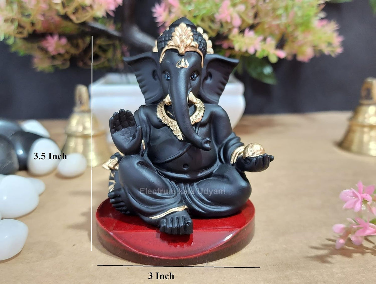 Handcrafted Poly Resin Ganesha Statue with Base - Perfect for Car Dashboard, Office Desk, Shelves, and Home Decor - Ideal Housewarming Gift! (Gaddiblackwithbase)