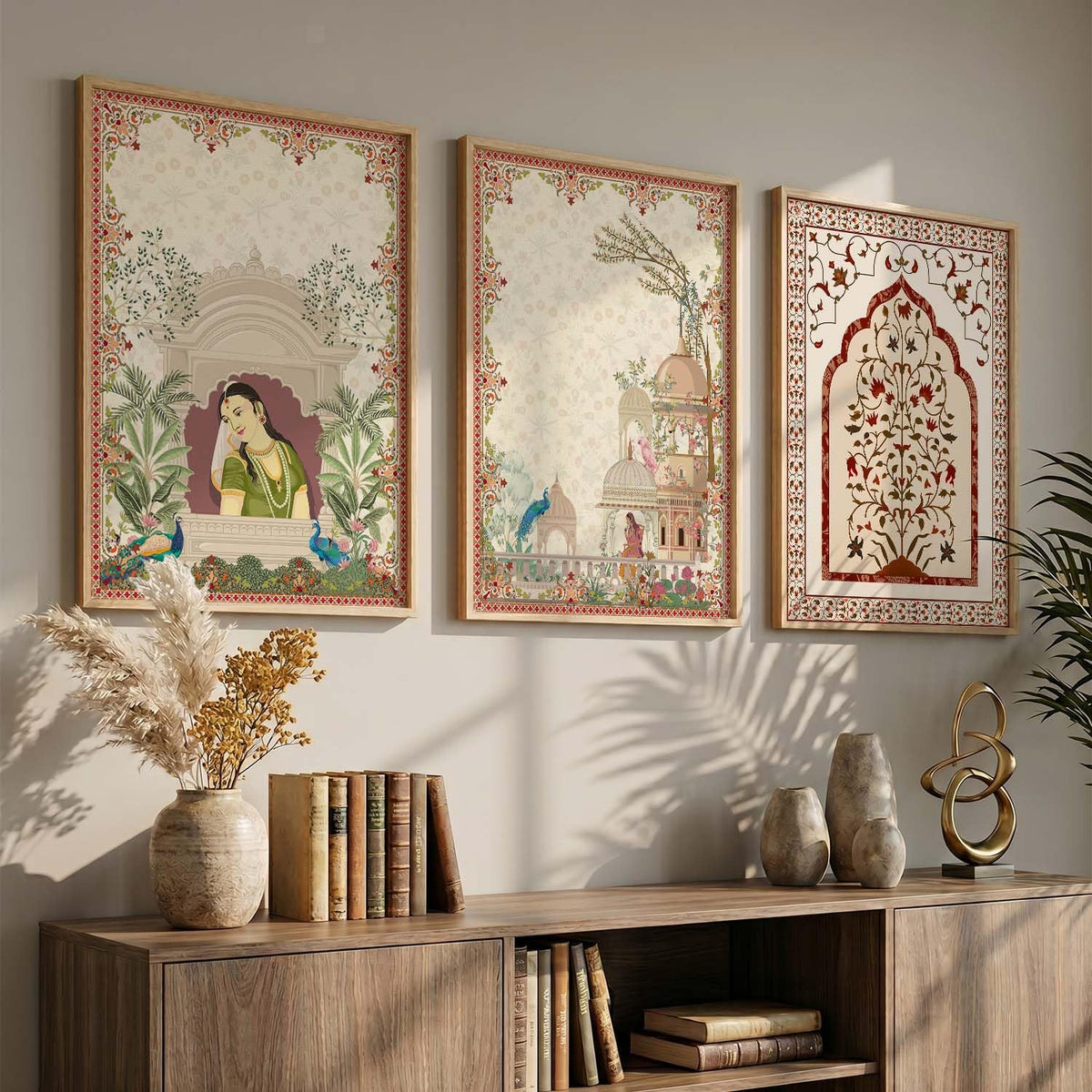 Indian Traditional Madhubani Wall Art Painting With Frame Pichwai Art Home Decoration For Living Room Bed Room Hotel Wall Decor Digital Reprint Set of 3 (13X17 inch)