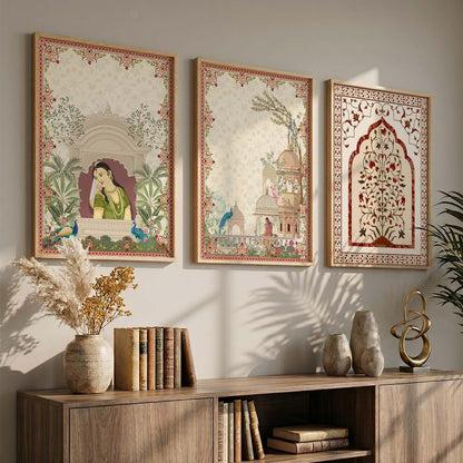 Indian Traditional Madhubani Wall Art Painting With Frame Pichwai Art Home Decoration For Living Room Bed Room Hotel Wall Decor Digital Reprint Set of 3 (13X17 inch)