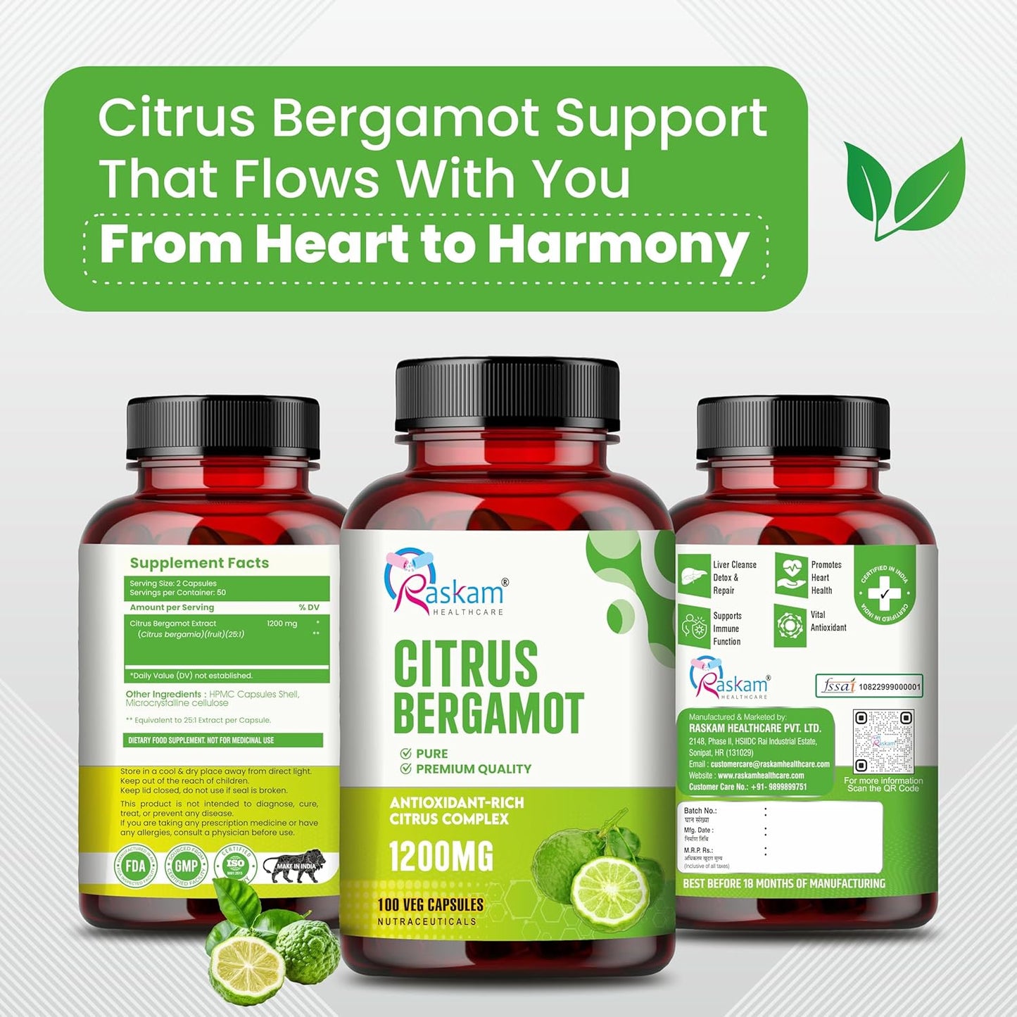 Citrus Bergamot 1200mg Supplement, 100 Veg Capsules, Antioxidant-Rich Complex for Heart Health and Immune Support