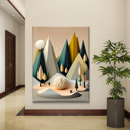 Geometric Mountain Canvas Wall Art | Abstract Forest Landscape with 3D Effect Trees & Sun | Modern Framed Home Décor for Living Room, Bedroom, Office | Ready to Hang (18 x 24 Inch) CVD-491