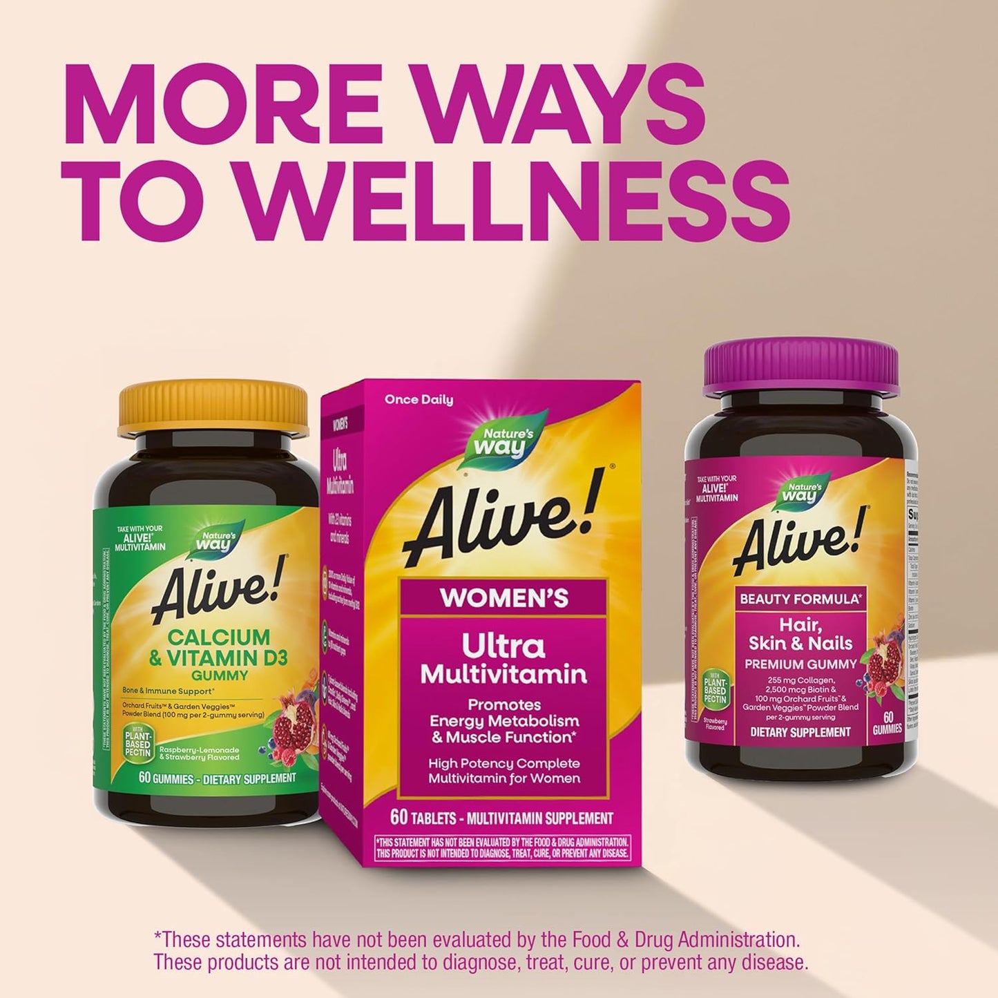Supplement products with 'Alive!' branding on a beige background