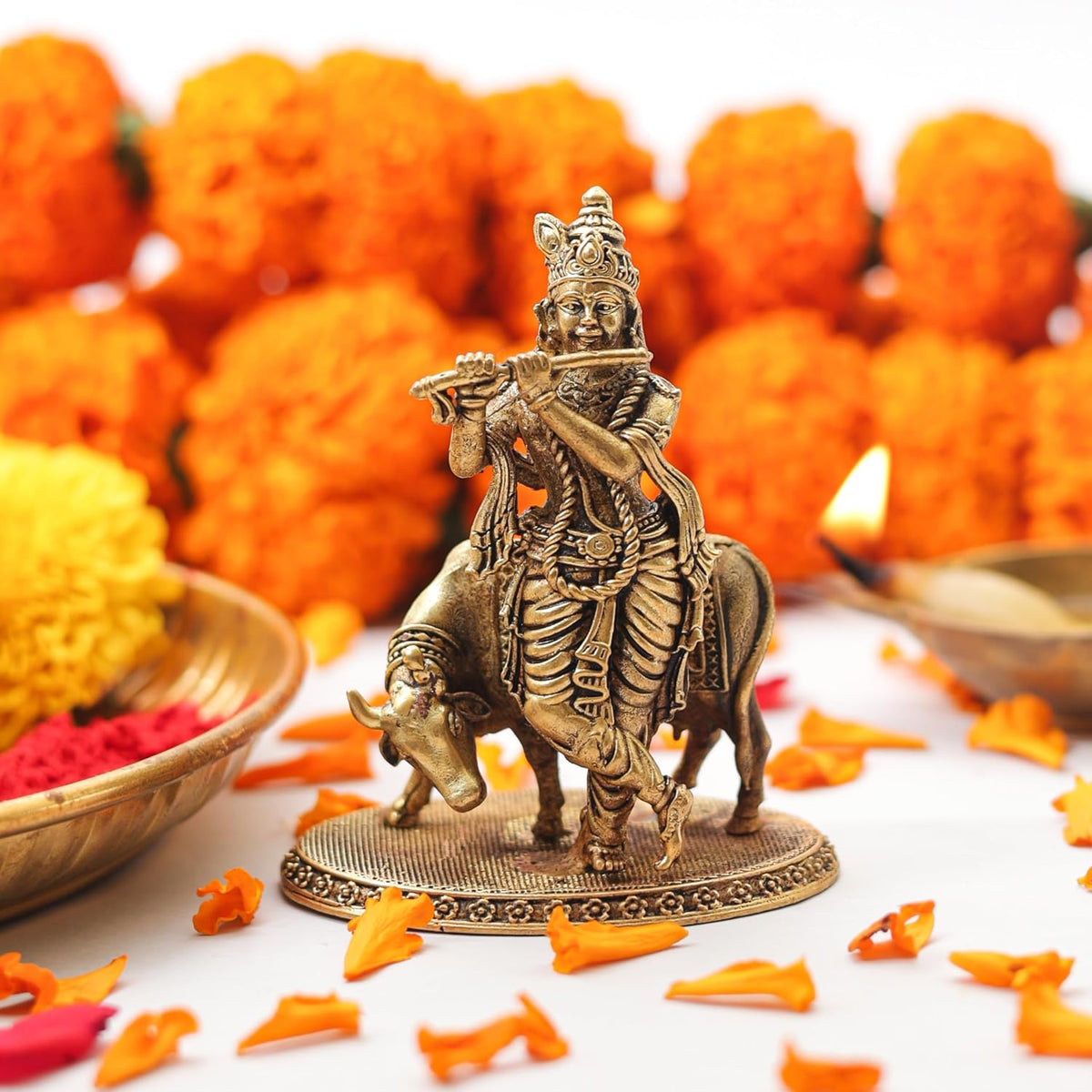3 Inch Pure Brass Lord Krishna with Cow Idol | Flute Playing Kanha Murti for Mandir, Pooja Room, Home Temple, Pooja, Vastu & Spiritual Décor | Ideal for Diwali & Festive Gifting (Pack of 1)