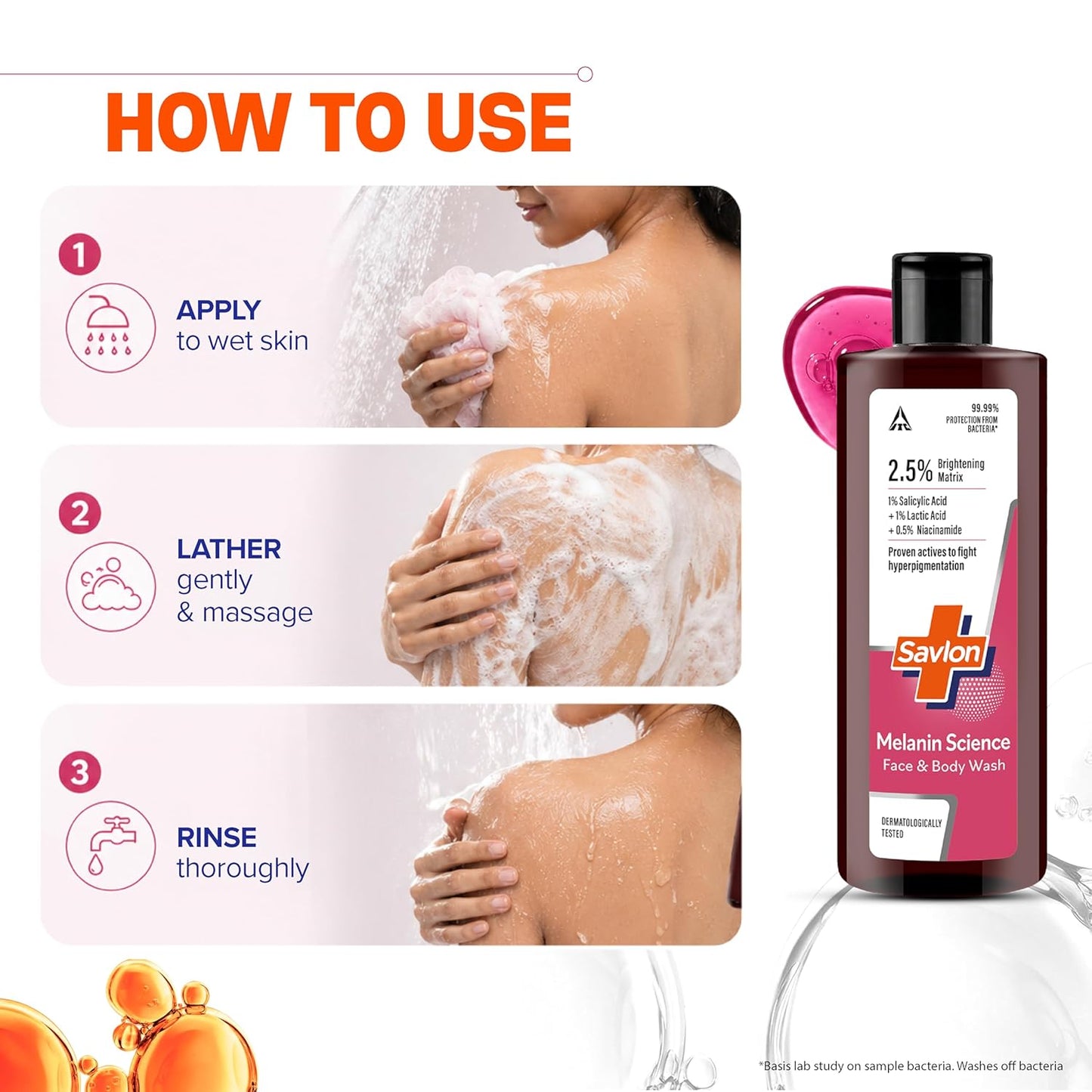 Savlon Melanin Science Face & Body Wash 250ml | With 1% Salicylic Acid + 1% Lactic Acid + 0.5% Niacinamide | Fights Hyperpigmentation | Helps Renew Dull Skin in 7 Days | Dermatologically Tested