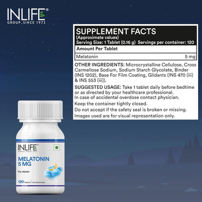 INLIFE Melatonin 5mg Tablets | Supports Sleep and Relaxation | Vegetarian Friendly & Easy to Swallow Supplement for Men and Women - 120 Tablets