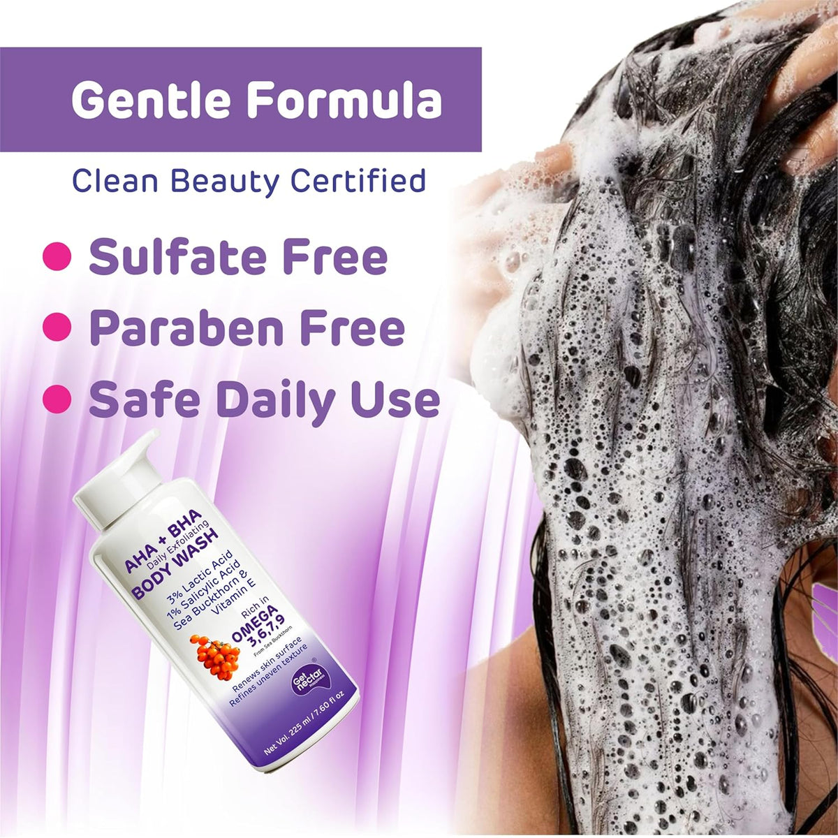 Shampoo bottle with foamy hair and text highlighting gentle formula, sulfate-free, paraben-free, and safe for daily use.