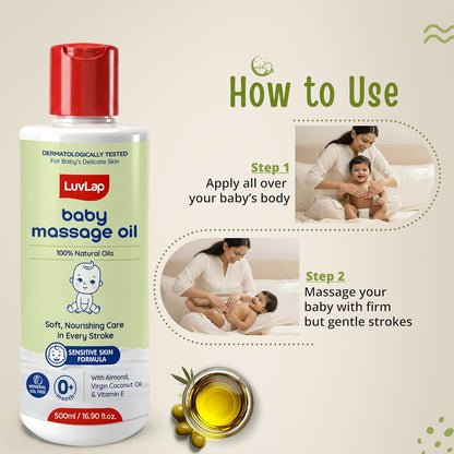 LuvLap Baby Massage Oil with Almond, Virgin Coconut Oil & Vitamin E, Deep Nourishing, Skin Repair & Relaxation, Ayurvedic Non-Sticky Oil for Soft New Born Skin, 100% Natural, Derma Safe, 500ml