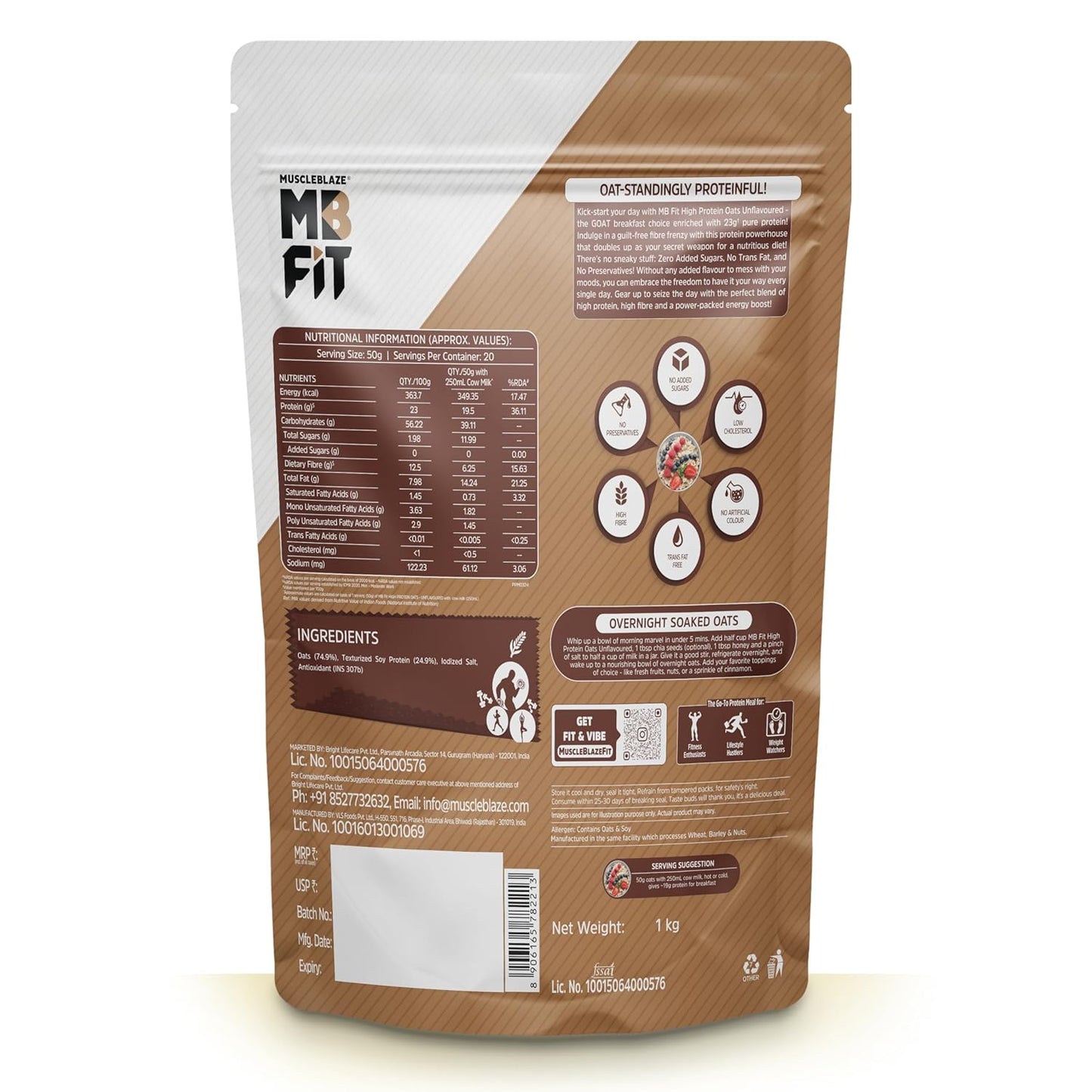 MuscleBlaze Fit High Protein Oats (Unflavoured, 1kg) | 23g Protein | Breakfast Cereals for Weight Management