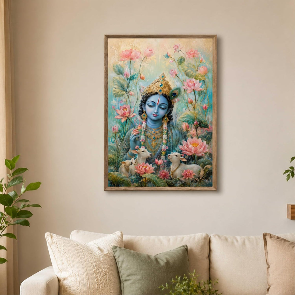 Lord Krishna Lotus Cow Wall Painting for Living Room Bedroom Kids Room Decor, Devotional Artwork with Sparkle Laminate and Premium Wooden Synthetic Frame (19.5 x 25.5 Inch) NL01-4115