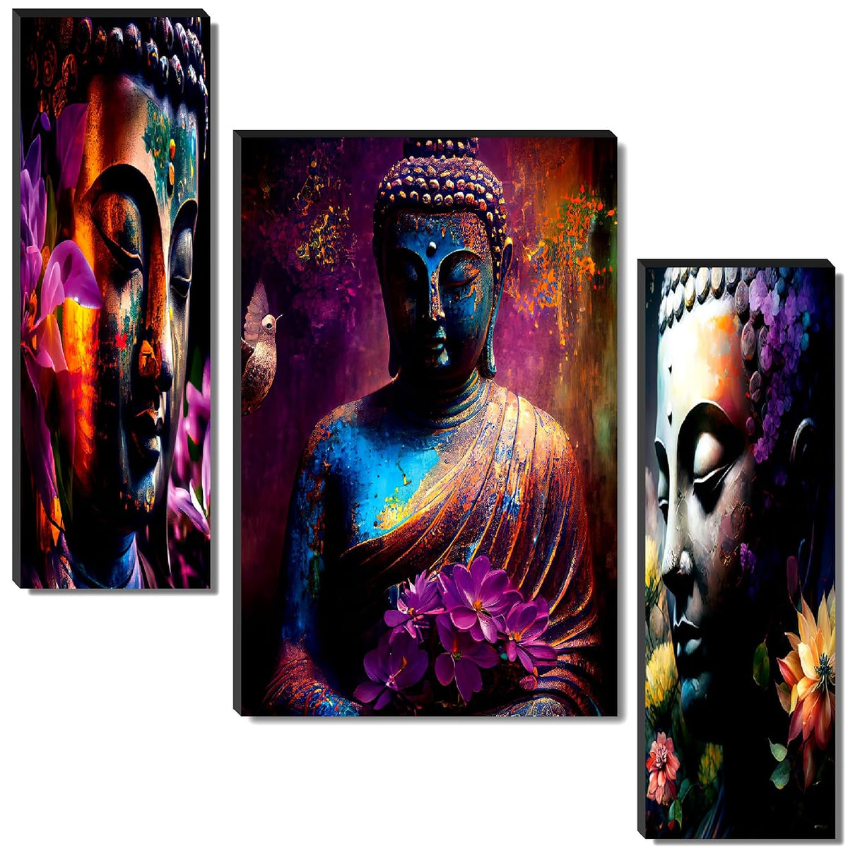 Vibrant Abstract Buddha & Floral Wall Art – 3-Panel UV-Printed Spiritual Triptych | Ready-to-Hang Zen Home Décor (20 Inch x 12 Inch) JM-35298