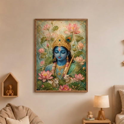 Lord Krishna Lotus Cow Wall Painting for Living Room Bedroom Hall Office Decor, Devotional Artwork with Sparkle Laminate and Wooden Synthetic Frame (13.5 x 19.5 Inch) NM01-4092