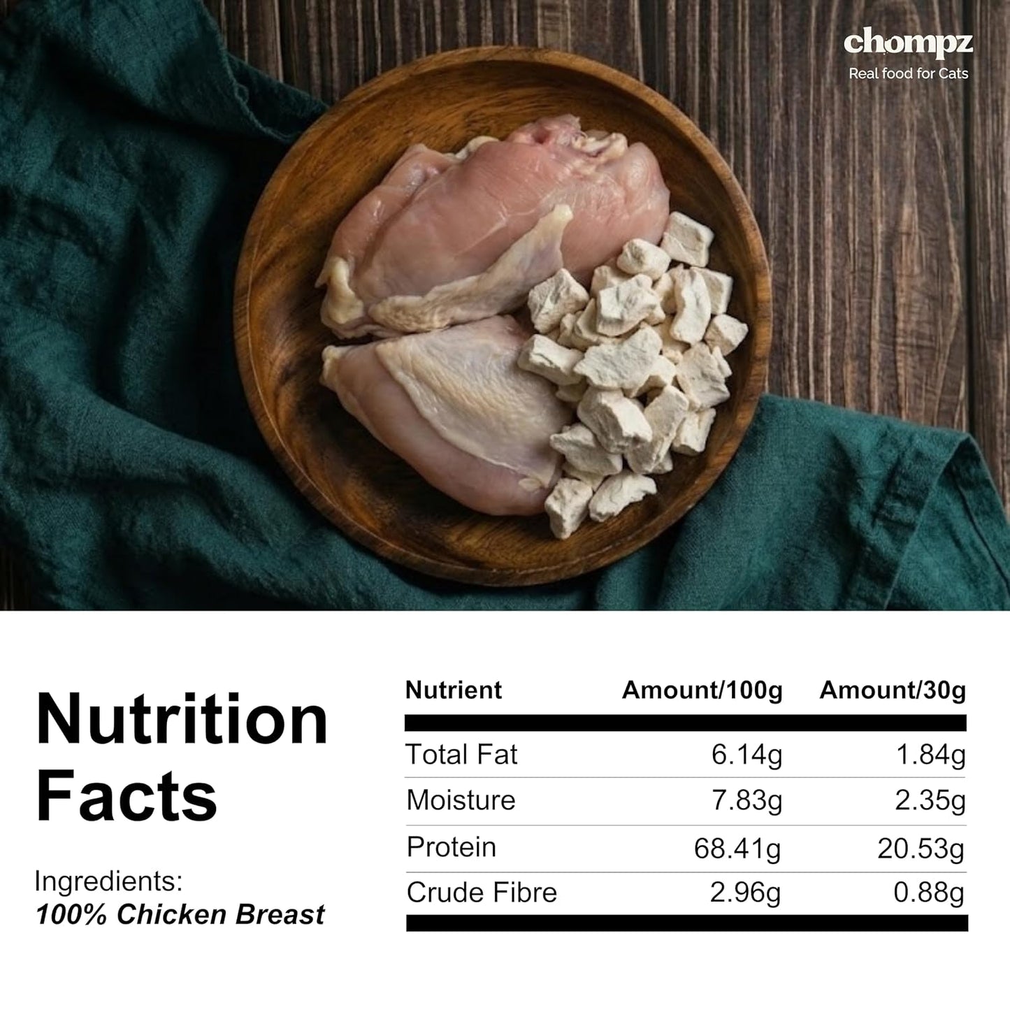 Chompz Freeze Dried Chicken Treats for Cats | 30gm Crunchy Treats | 100% Chicken Breast | for Kittens & Adult Cats | Single Ingredient & High Protein | Human Grade | Low Calorie | Grain & Gluten Free