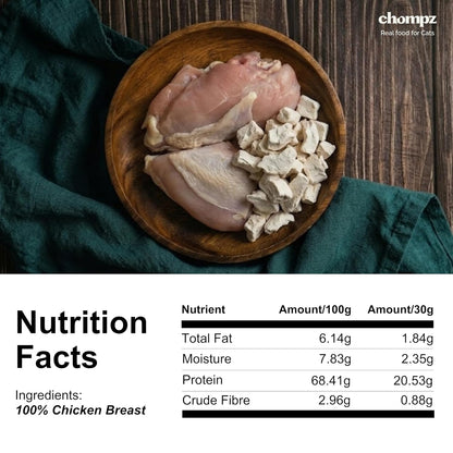 Chompz Freeze Dried Chicken Treats for Cats | 30gm Crunchy Treats | 100% Chicken Breast | for Kittens & Adult Cats | Single Ingredient & High Protein | Human Grade | Low Calorie | Grain & Gluten Free