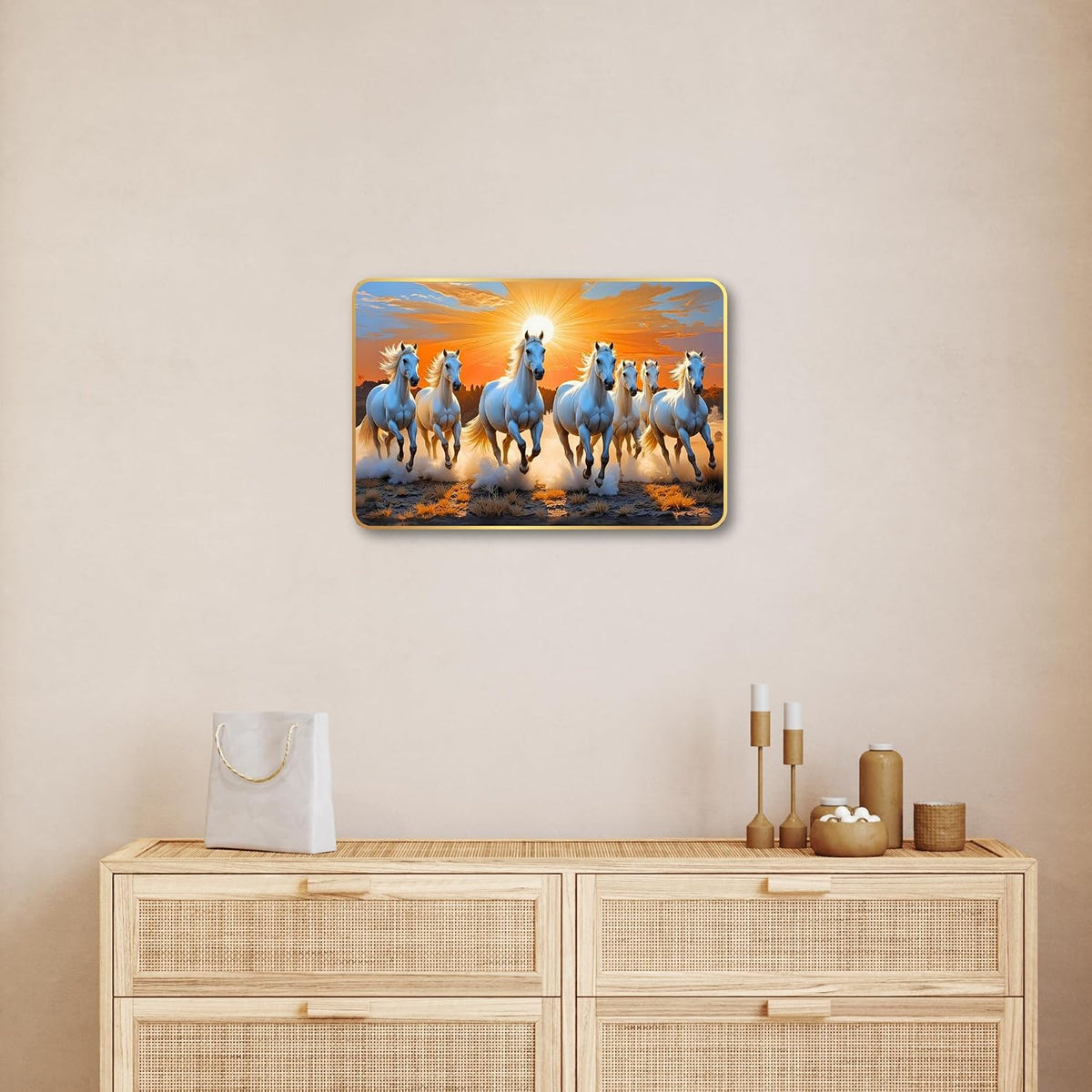 7 Running Horses MDF Wall Art 12x18 Inch | Golden Border Vastu Painting for Home & Office Décor | Modern Elegant Wall Hanging Frame for Living Room, Bedroom (Design 3)