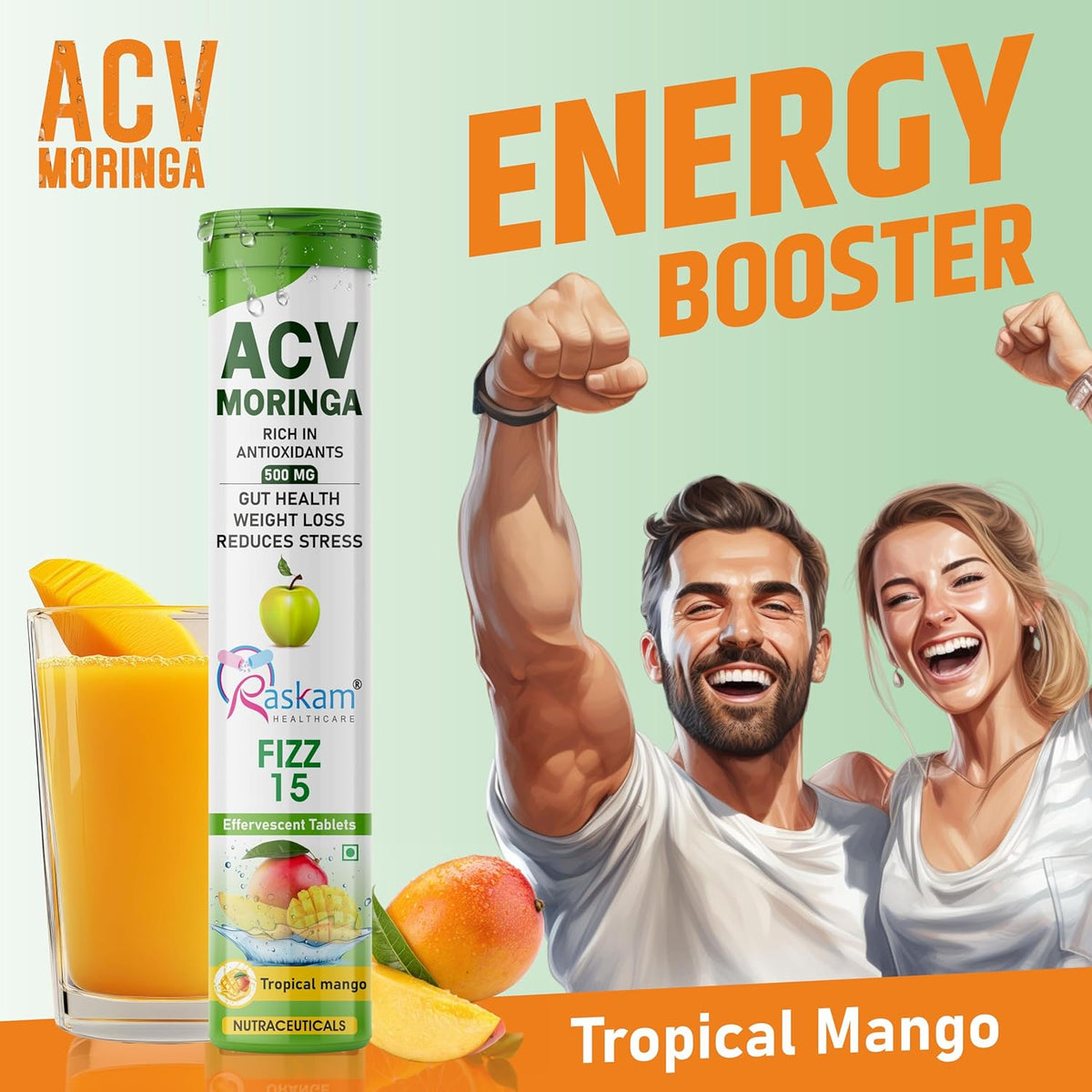 ACV Moringa product with a glass of juice, tropical mango flavor, and a couple celebrating on a light green background.