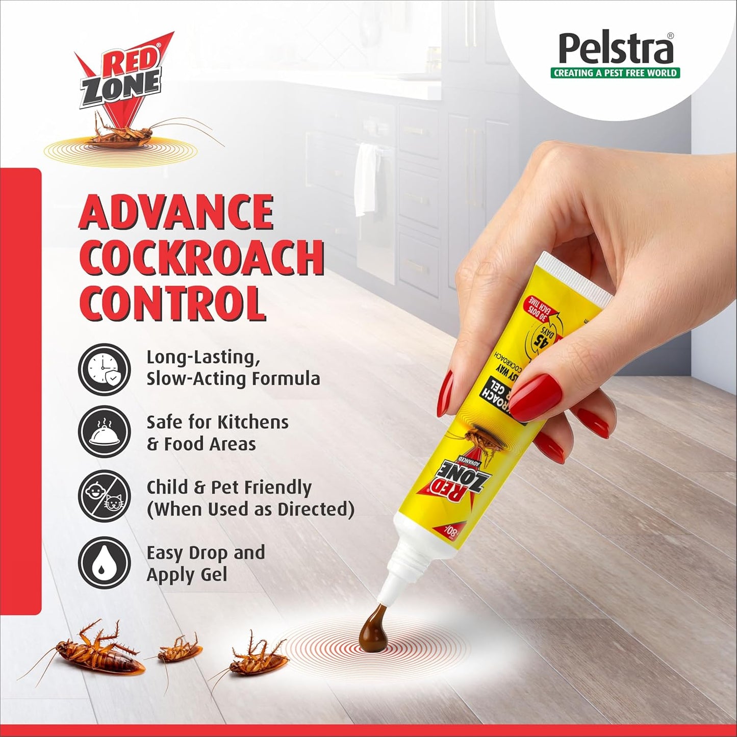 REDZONE Cockroach Killer Gel - 20g, Advance Formula Strong & Effective Long-Lasting Cockroach Gel for Home, Kitchen & Office, Anti Roach with Eco-Friendly, Easy to Use, Fragrance Free (Pack of 4)