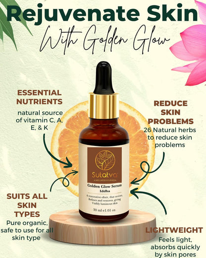 Sutatva Ayurvedic Golden Glow Night Face Serum with Vitamin C for Glowing Skin, Dark Spot Reduction, Pigmentation & Anti-Ageing | For Men & Women | 30ml