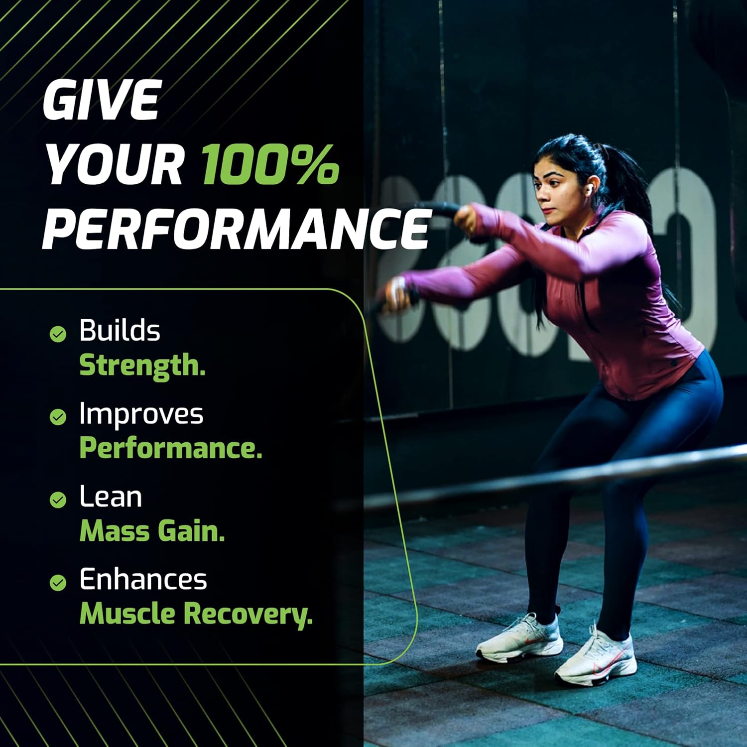Woman exercising with text about performance and fitness benefits on a dark background
