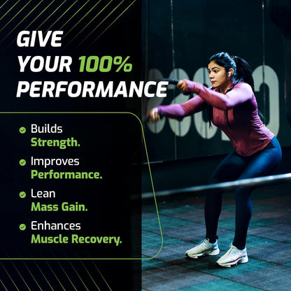 Woman exercising with text about performance and fitness benefits on a dark background