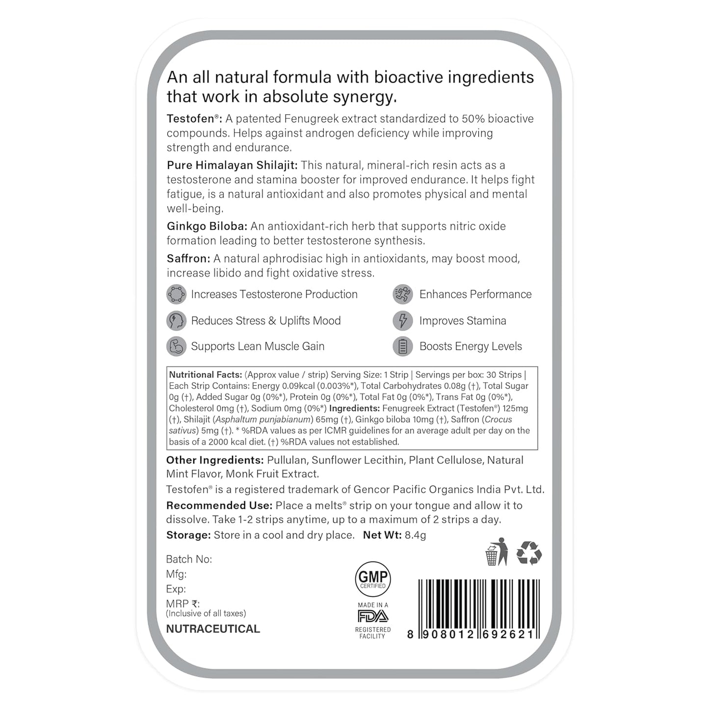 Zephivo Wellbeing Nutrition melts® Testo Power | Testofen®, Himalayan Shilajit, Ginkgo biloba | Plant-Based | Supports Healthy Testosterone Levels, Performance, Stamina & Energy | 30 Oral Strips