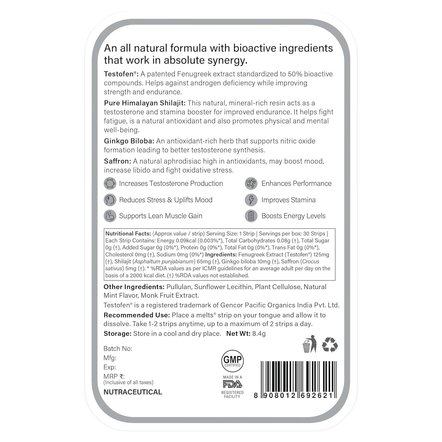 Zephivo Wellbeing Nutrition melts® Testo Power | Testofen®, Himalayan Shilajit, Ginkgo biloba | Plant-Based | Supports Healthy Testosterone Levels, Performance, Stamina & Energy | 30 Oral Strips