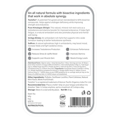 Zephivo Wellbeing Nutrition melts® Testo Power | Testofen®, Himalayan Shilajit, Ginkgo biloba | Plant-Based | Supports Healthy Testosterone Levels, Performance, Stamina & Energy | 30 Oral Strips