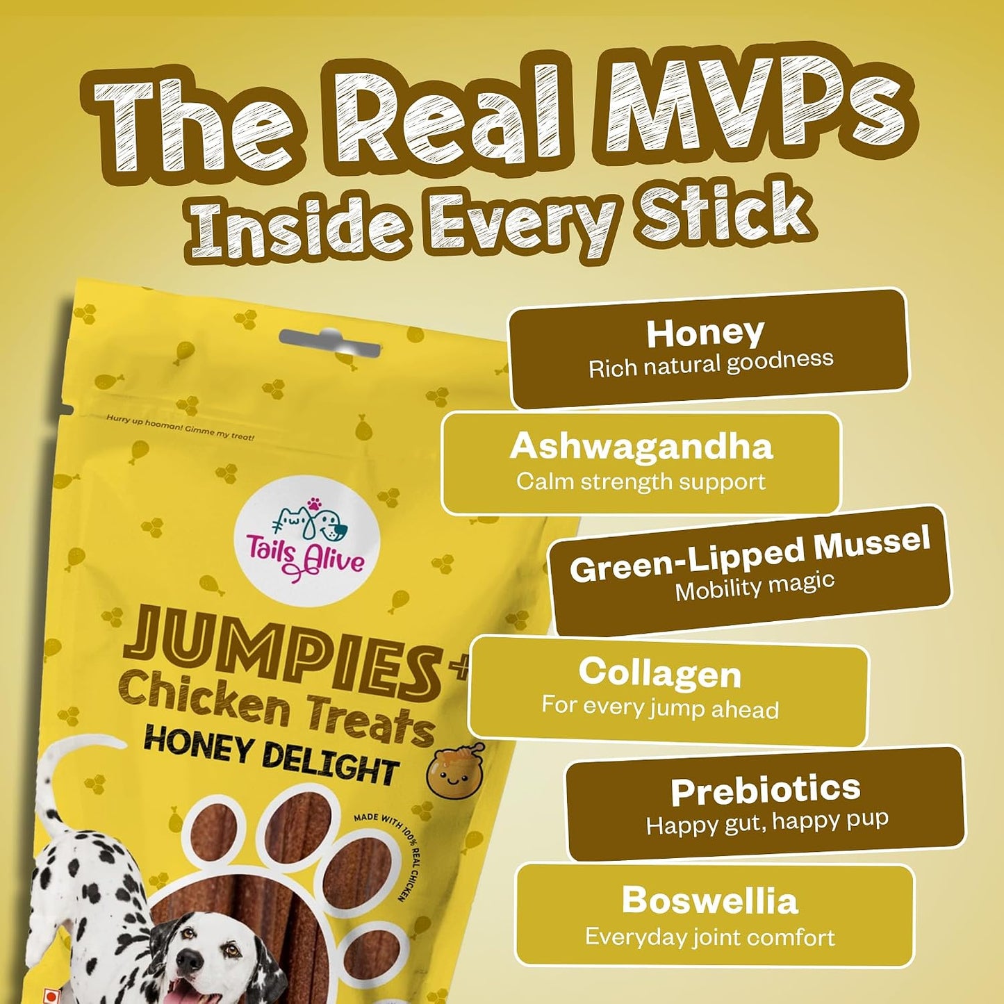TailsAlive Jumpies+ Treats for Dogs | Joint & Mobility Support | No Added Sugar | Ashwagandha, Green-Lipped Mussel & Boswellia | Honey Delight | 100g