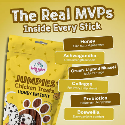 TailsAlive Jumpies+ Treats for Dogs | Joint & Mobility Support | No Added Sugar | Ashwagandha, Green-Lipped Mussel & Boswellia | Honey Delight | 100g