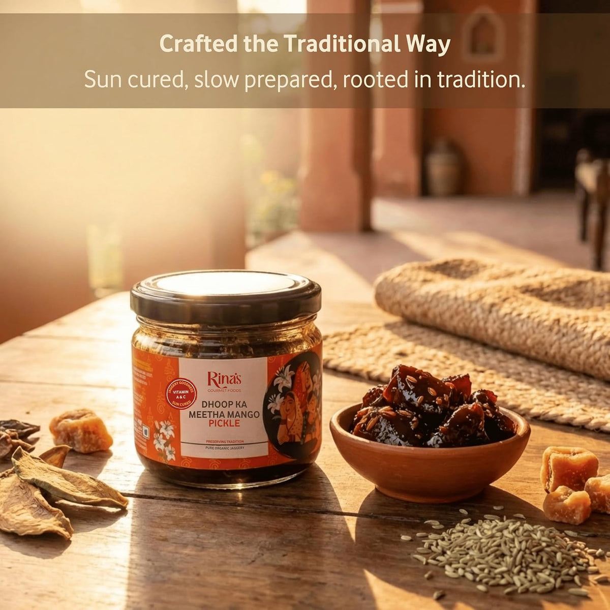 Mango Pickle Mango Achar Sweet Aam Ka Meetha Achar Rina's Dhoop Ka Meetha Sun Cured Mango Pickle with Organic Jaggery and Panchphoran Masala, No Artificial Preservatives