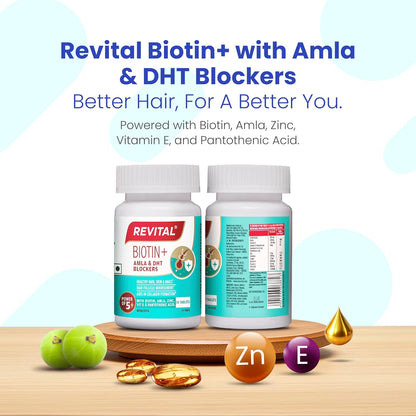Revital Biotin+ with Amla and DHT Blockers for Hair Growth | Biotin, Amla, Zinc, Vitamin E & Pantothenic Acid | Supports Hair Strength & Skin Health | 50 tablets