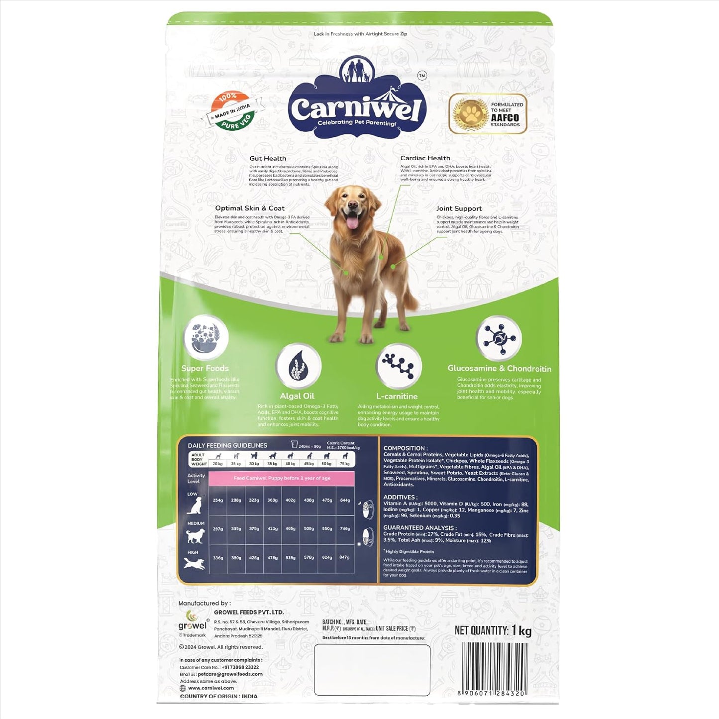 Carniwel Superfoods Adult Dry Dog Food 1 kg | 100% Vegetarian | Fresh & Natural Ingredients | Highly Palatable | GMO Free | Premium Nutrition for Large Dogs