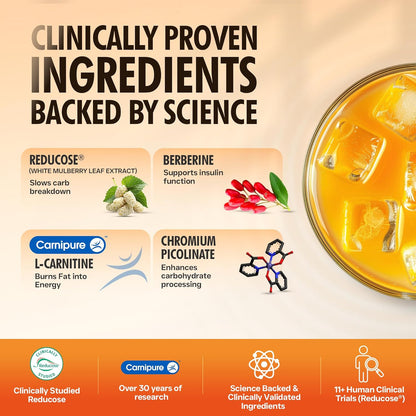 Fast&Up Glucolean GLP-1 Helps Manage Blood Sugar Levels Burns Stubborn Fat Diabetes Care with Clinically Proven Reducose, Berberine, L-Carnitine, ACV & Chromium - 15 Orange Stick Packs