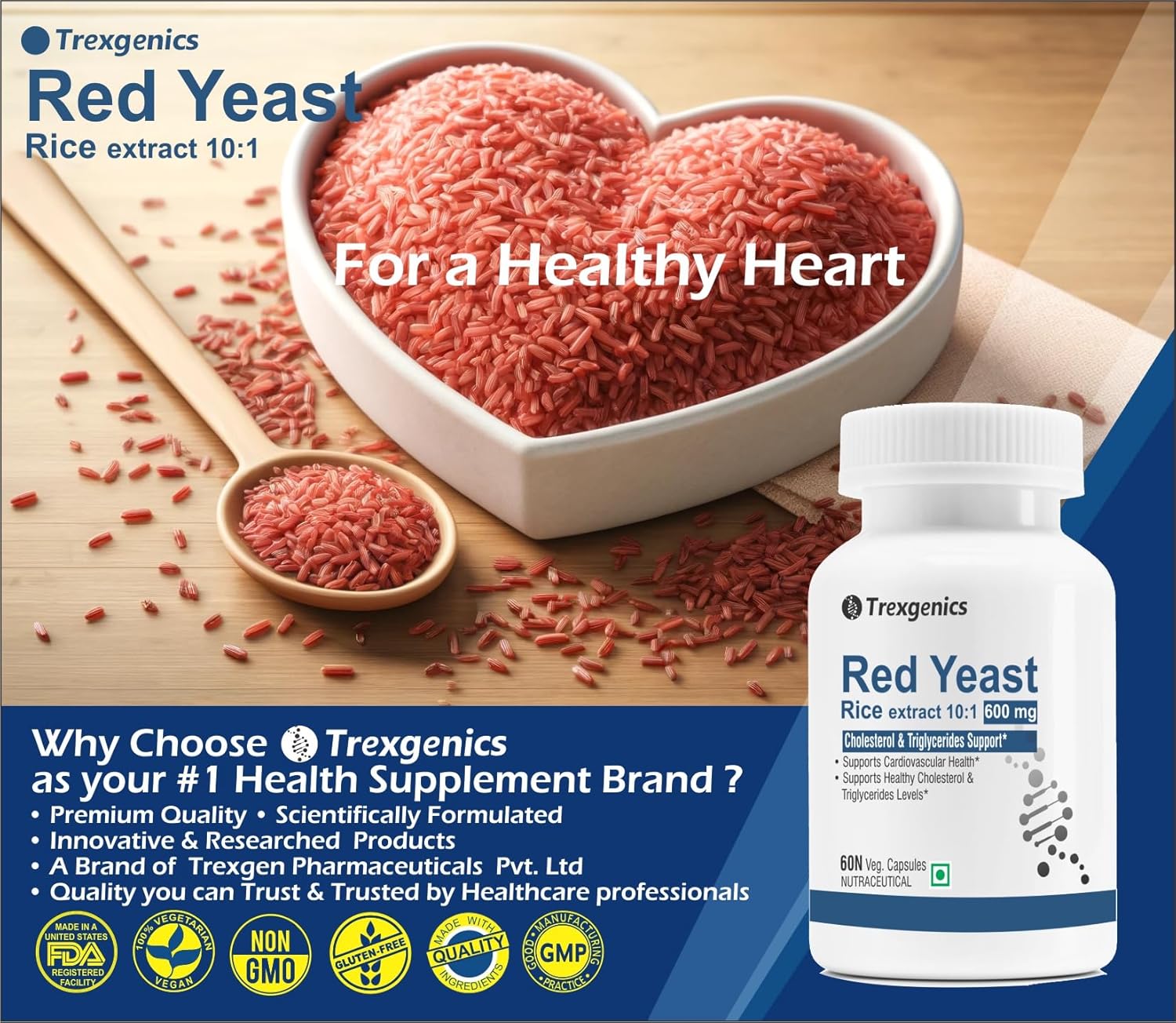 Trexegenics Red Yeast Rice supplement packaging with heart-shaped bowl of red rice and bottle on a wooden surface.