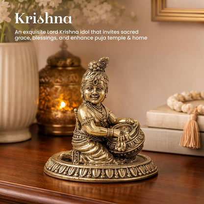 Laddu Gopal Ji Brass Idol | Makhan Chor Krishna Sculpture with Intricate Detailing | Bal Krishna Idol for Home Temple (Design01: L5 x W7.5 x H7 cm)
