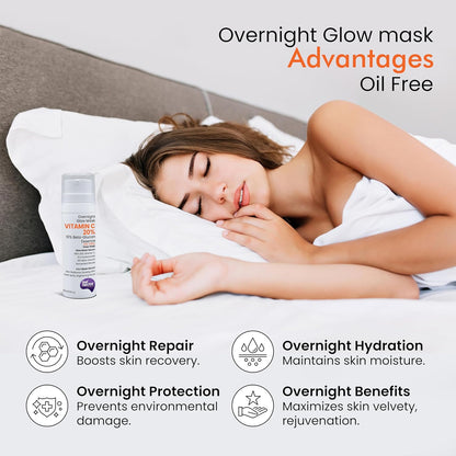 Woman lying in bed with an overnight glow mask product, highlighting its benefits.