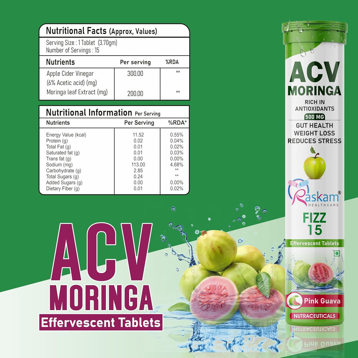 ACV Moringa effervescent tablets packaging with nutritional information on a green background
