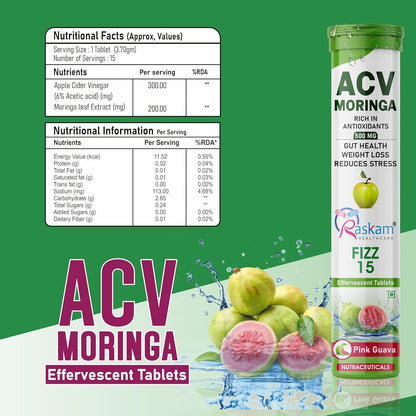 ACV Moringa effervescent tablets packaging with nutritional information on a green background