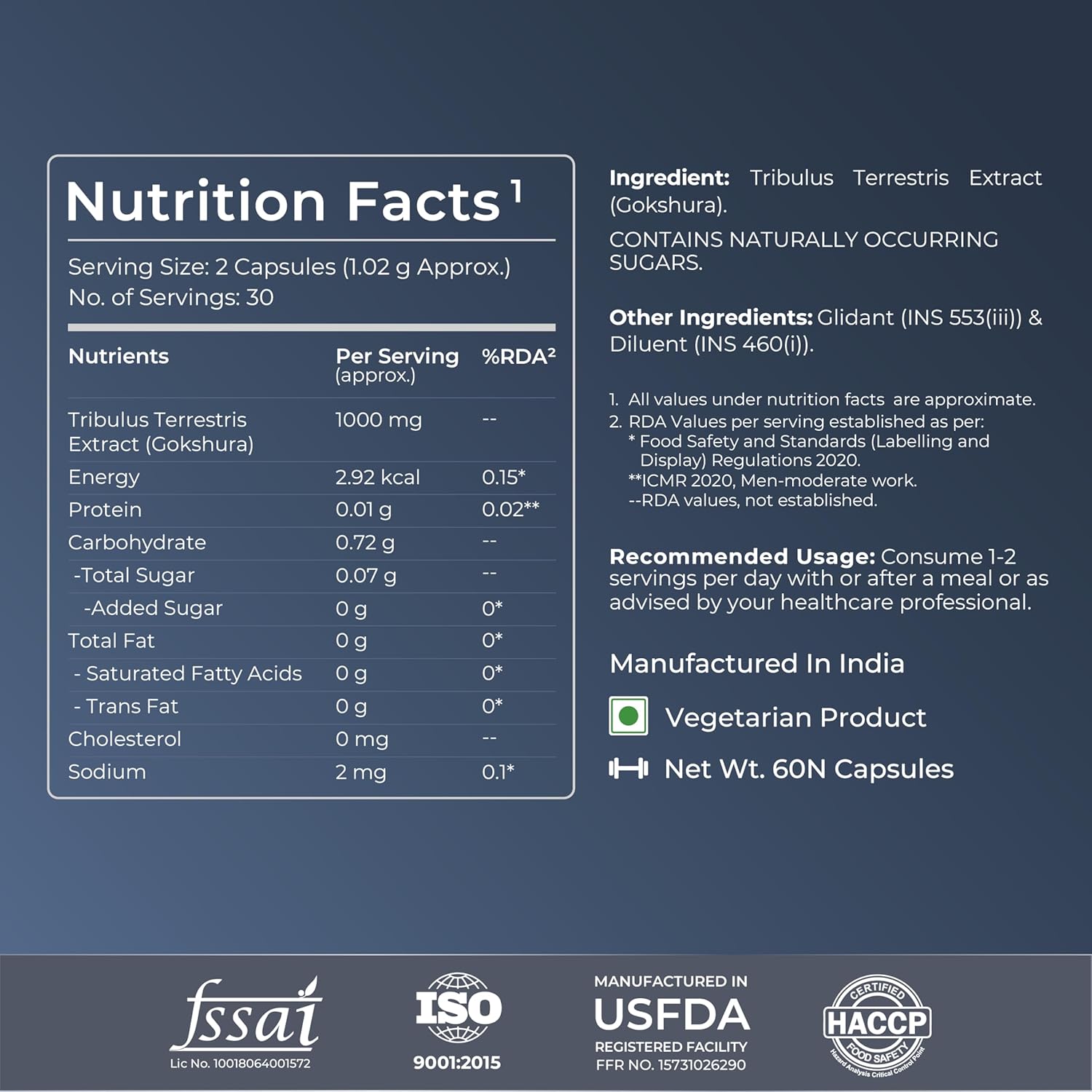 Nutrition facts label for a Tribulus Terrestris Extract supplement on a dark blue background.