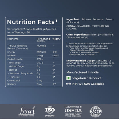 Nutrition facts label for a Tribulus Terrestris Extract supplement on a dark blue background.
