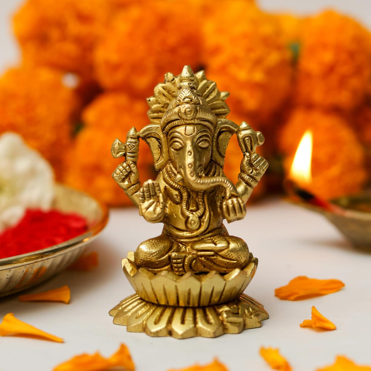 2.7 Inch Pure Brass Kamal Ganesh Idol | Lotus Seated Lord Ganesha Murti for Home Temple, Office Desk, Spiritual Décor, Diwali & Auspicious Gifting