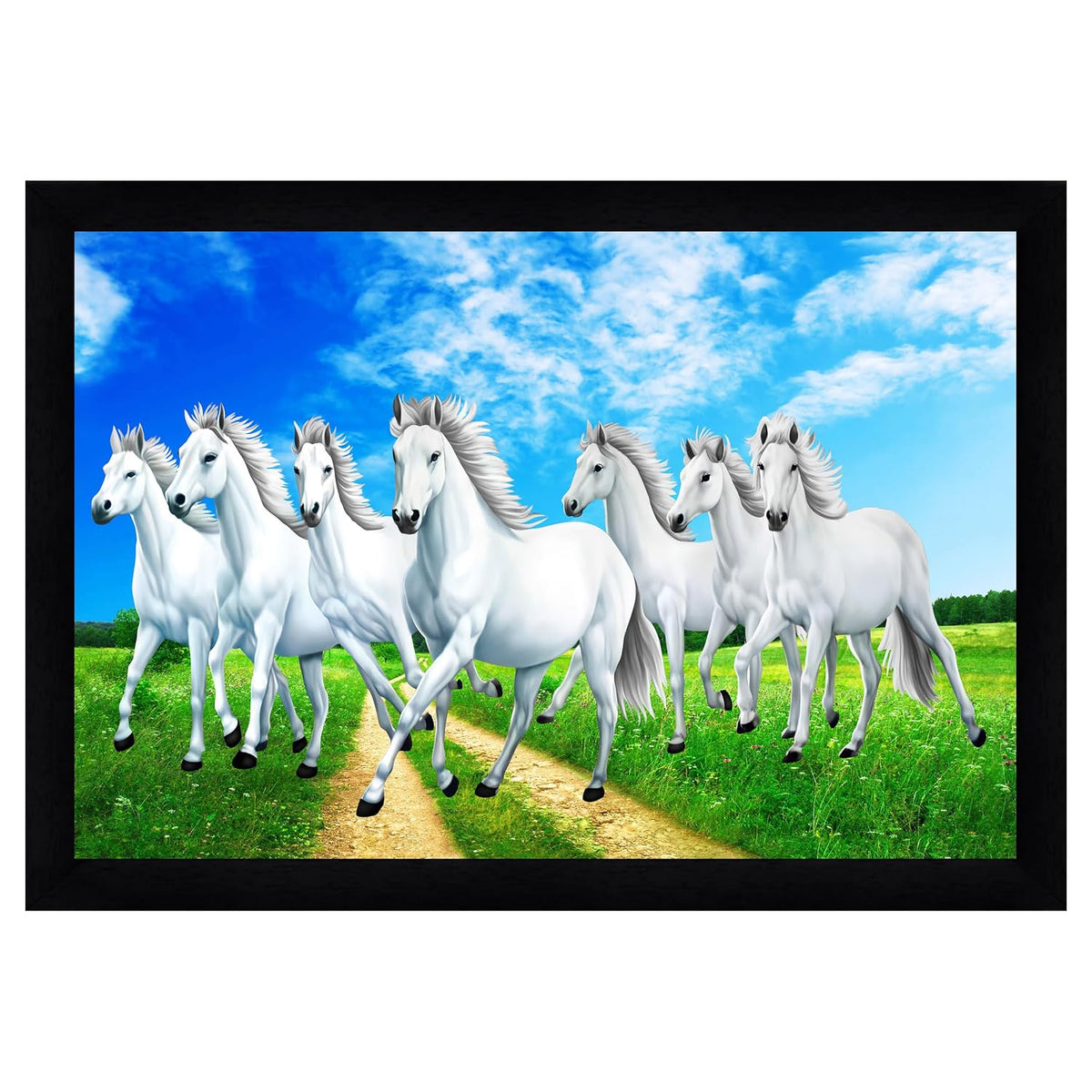 Runing Seven Horses Painting With Frame 13 Inches X 10 Inches (Style 3)