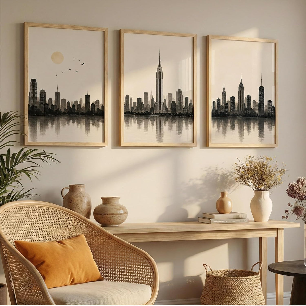 Set of 3 Modern City Skyline Wall Art Paintings for Living Room | Minimalist Urban Cityscape Wall Decor | Neutral Beige Framed Wall Paintings for Bedroom, Office, Hall & Home Decoration (13x19 Inches)
